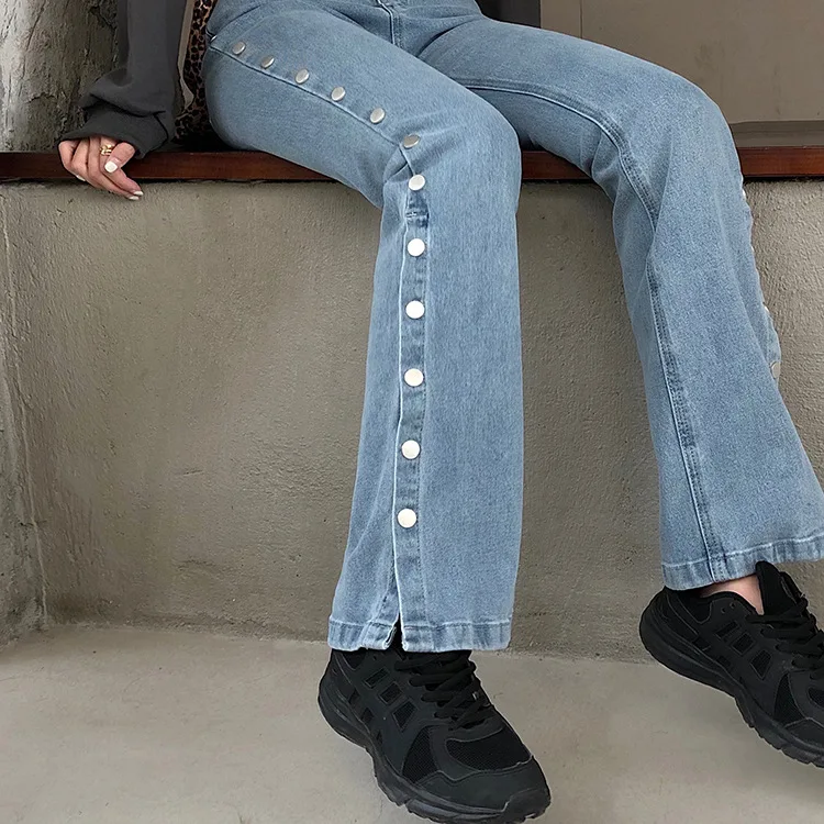 

Korean version of tight high-waisted multi-buckle denim forked trousers baggy jeans women high waisted jeans high waist jeans