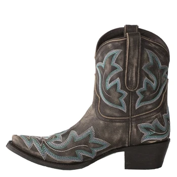 

Vogue Embroidery Botas Mujer Faux Leather Ankle Boots For Women Wedge High Heel Boots Snake Print Western Boots Nice