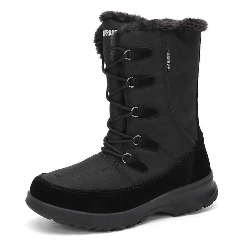 YITU Winter Hiking Boots Women 100% Waterproof Genuine Leather Trekking Hiking Shoes Outdoor Woman Winter Sneakers Cotton Boots - Цвет: Black