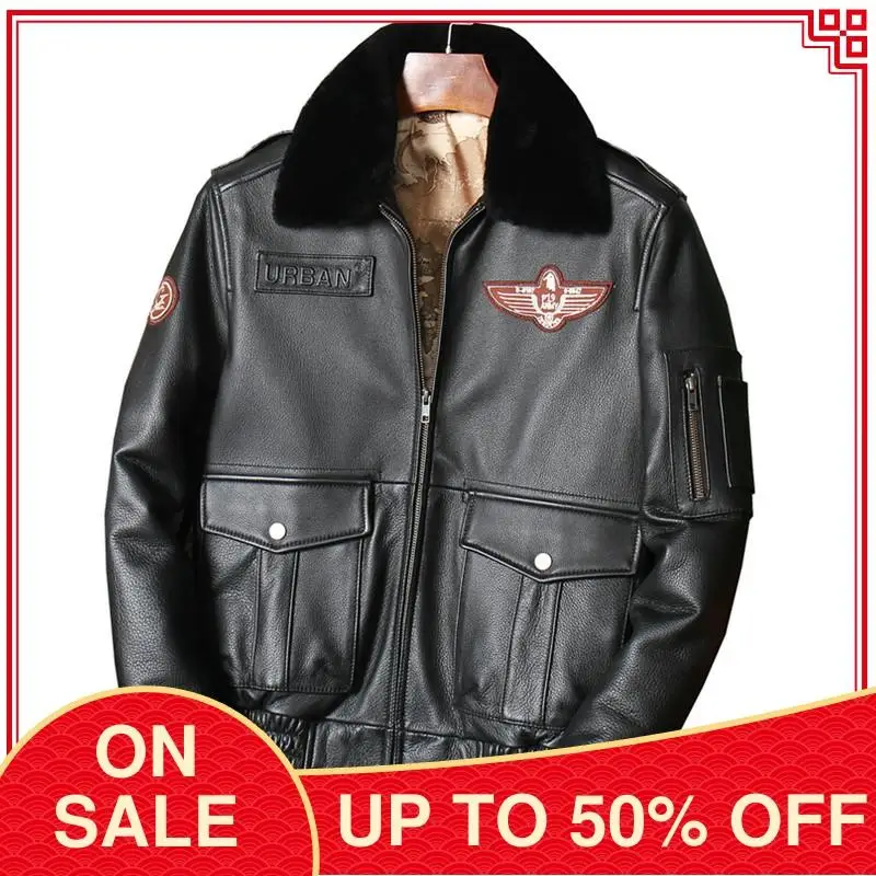 

2020 Black World War II Military Style Pilot Leather Jacket Men Plus Size 5XL Wool Collar Genuine Cowhide Aviator Leather Coat