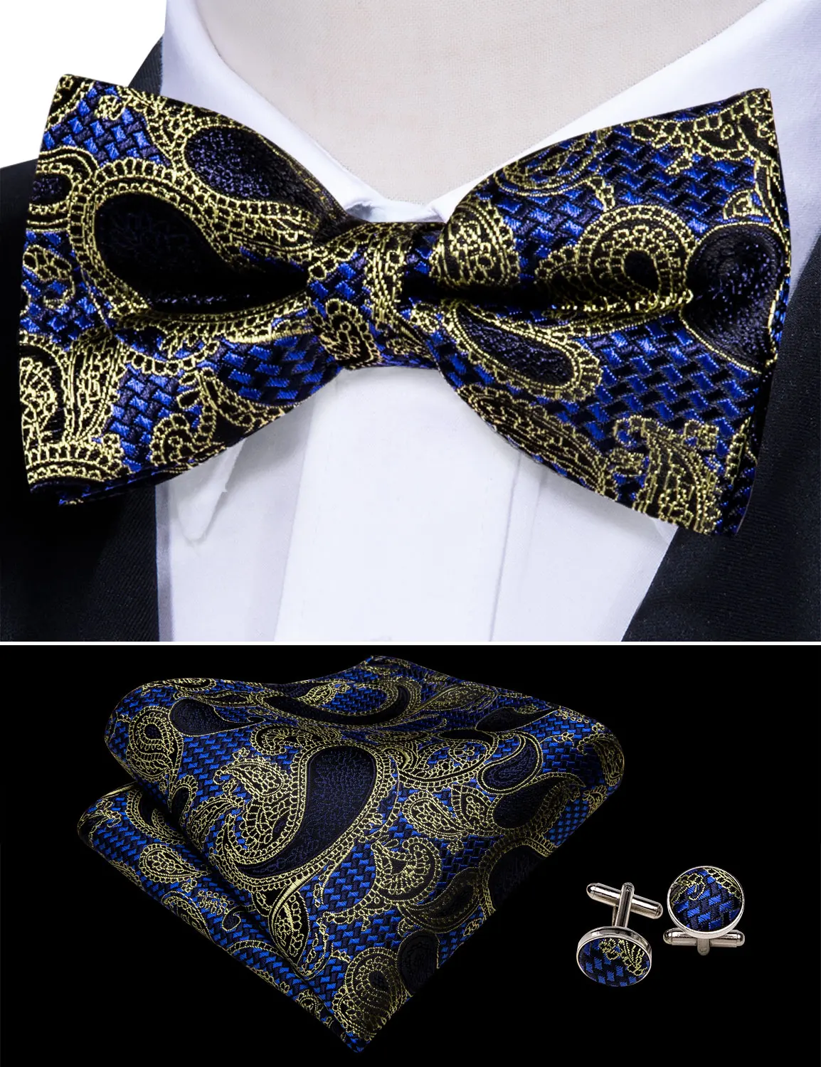 Barry. Wang синий галстук-бабочка для Для мужчин Пейсли поясом с бантом галстук, шейный платок и запонки пояс для свадьбы YF-1025
