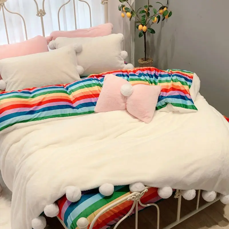 New Flannel Velvet Fleece Princess Girl Bedding set Soft Short Plush Fluffy ball edge Duvet Cover Rainbow Bed Sheet Pillowcases | Дом и сад