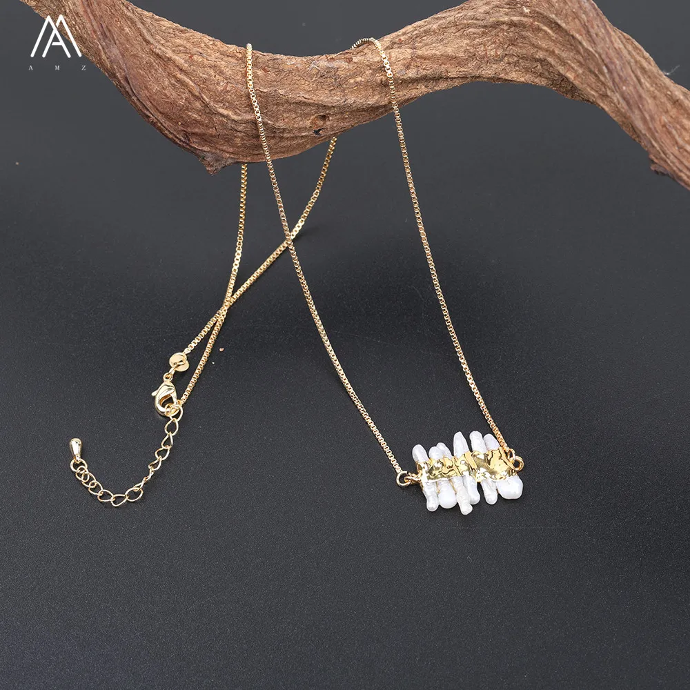 

Natural Fresh Baroque Pearl Statement Necklace Six Pieces White Pearl Bar Gold Chain Women Fashion Necklace Party Gift N0046AMAC