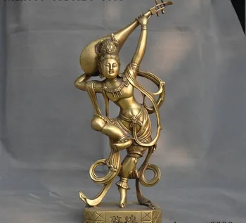 

15" Old Chinese brass Dancer Beauty play 4-stringed Pipa lute Statue
