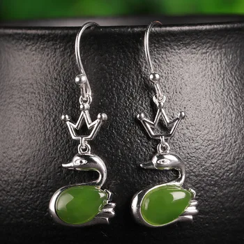 

925 certificate of hetian jade earrings with swan jade pendant silver with natural green jade earrings female