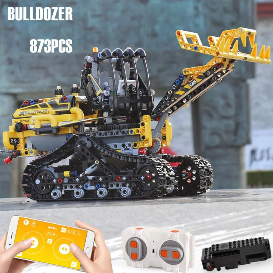 

technics 2.4Ghz radio remote control Engineering vehicle Bulldozer building block PHONE APP rc toy timber grab brick collection