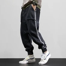 Японские модные мужские джинсы Черные Серые свободные полосатые дизайнерские брюки карго шаровары уличная хип хоп зауженные джинсы мужские джоггеры