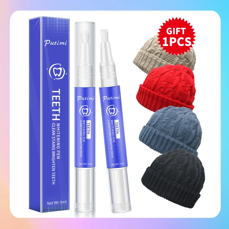 

White Teeth Whitening Pen Tooth Gel Whitener Bleach Stains Oral Hygiene Essence Remove Plaque Stains Dentist Tools with Hat Gift