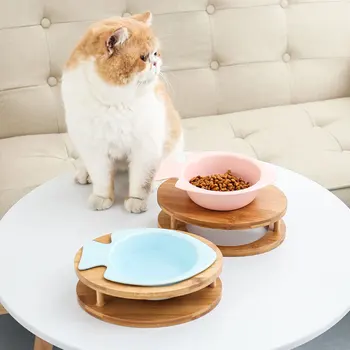

Cute Ceramic Cat Bowl Universal Pet Eating Drinking Bowl Bamboo Rack Antiskid Dog Cat Tableware Bowls Pet Supplies