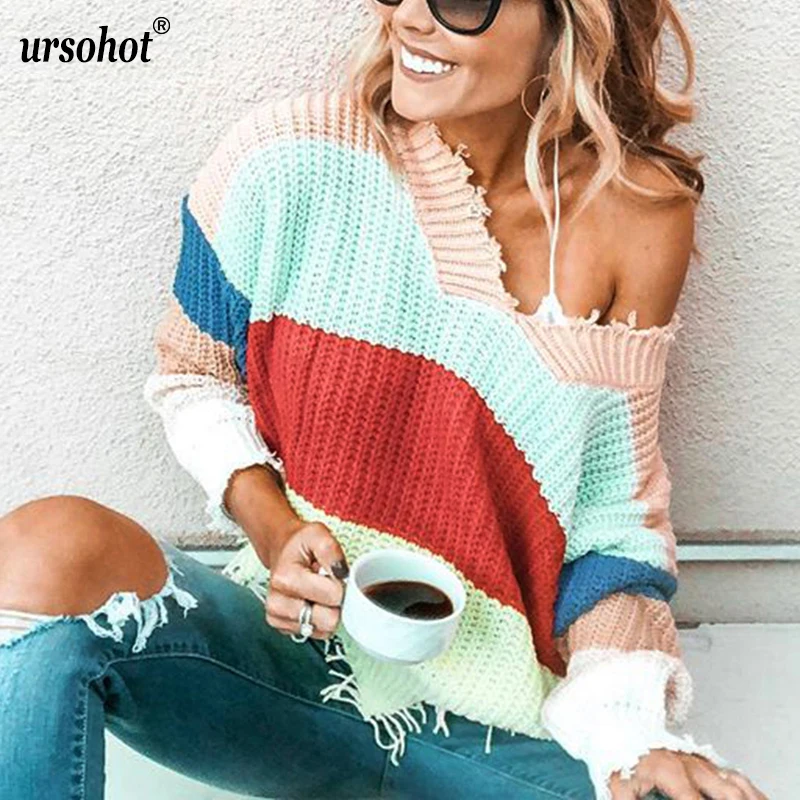 Ursohot 2019 Ретро волнистый вязаный свитер с кисточками женские Лоскутные пуловеры джемперы с длинными рукавами осенне-зимние Свободные