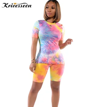 

Kricesseen Casual Print Short Sleeve Two Pieces Shorts Set Women O Neck Top And Shorts Bodycon Suits Sportwear Matching Set