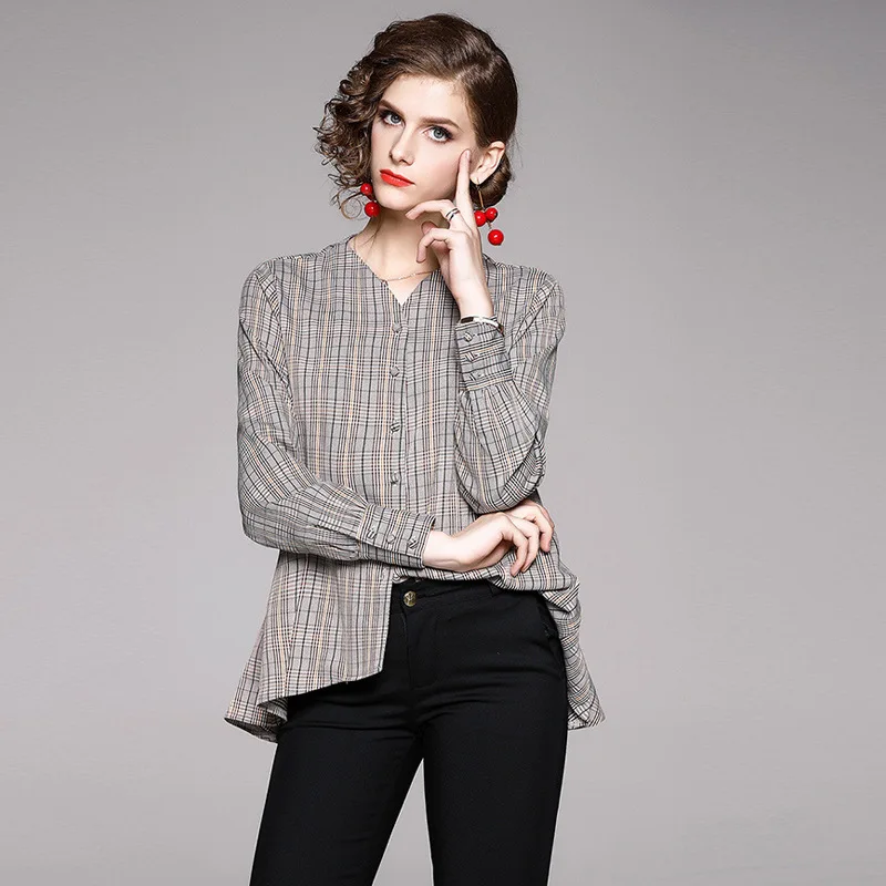 

2020 Spring&Autumn New V-neck Long Sleeve Retro Women Plaid Shirt Irregular Swallow Tail Blouse Women Shirt Free Shipping