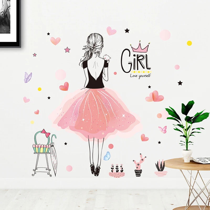 [SHIJUEHEZI] милая девушка Наклейка на стену мультфильм любовь сердце наклейки на стены для дивана фон детская комната Фреска художественное украшение