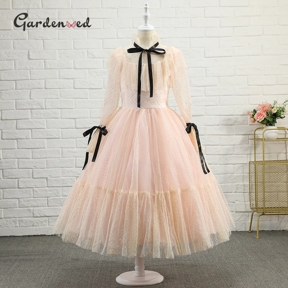 Polka-dot Tulle Flower Girl Dresses Illusion Long Sleeves Girl Wedding Party Dress Ribbons Communion Dress Birthday New Year