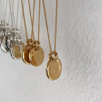 

925sterling silver European American ultra minimalist chic retro gold concave round small round card pendant collarbone necklace