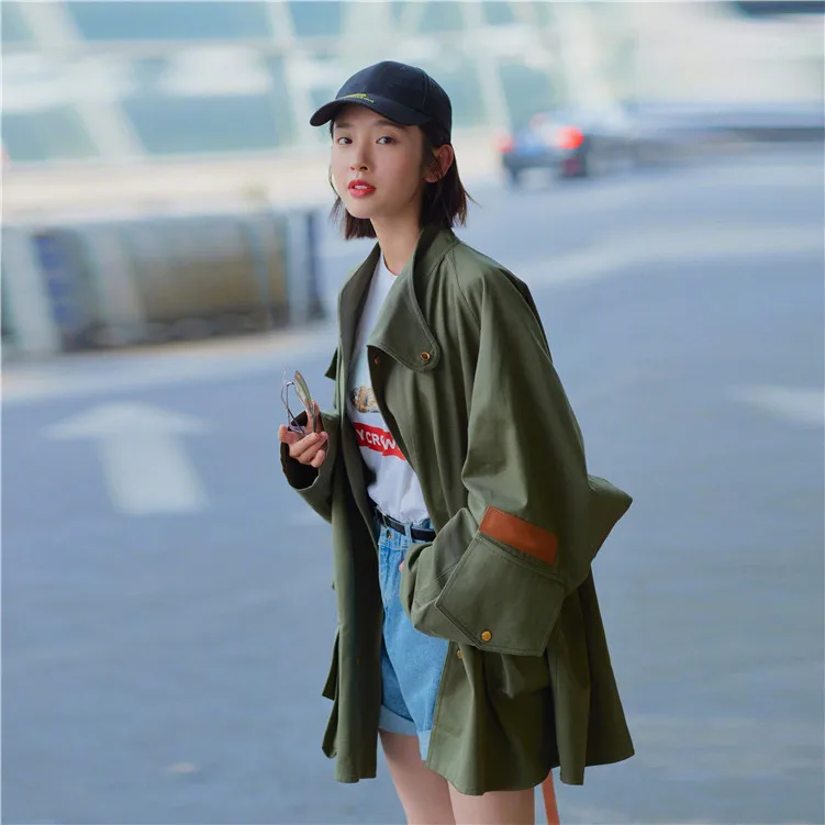 Армейский зеленый Тренч Модный женский негабаритный стоячий воротник кожаный лоскутный большой карман ветровка Женское пальто