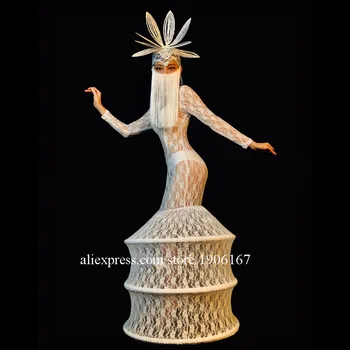 

Catwalk Show Sexy Lady White Party Lace Long Dress Dance Suit Clothes Singer Stage Costumes Party Event Masquerade DS Headdress