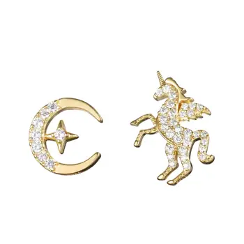 

925 Sterling Silver Fine Jewelry Sparkling CZ Crescent Moon Star Cute Animal CZ Unicorn Post Stud Earrings for Girls Women Gifts