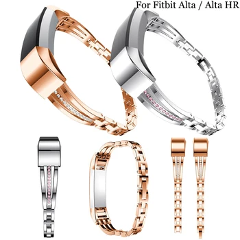 

women Silver Stainless Steel with rhinestone Adjustable Bracelet Watch Band Wrist Strap for Fitbit Alta/Alta HR Smart Watch