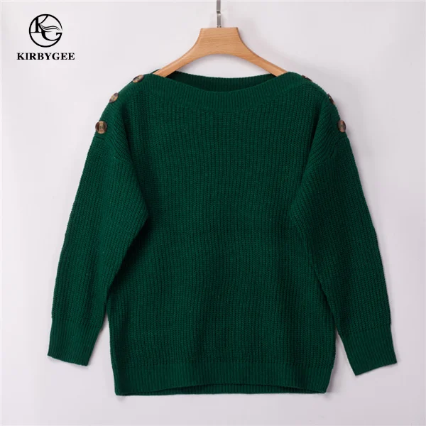 KirbyGee осень зима плюс размер вязаный свитер на пуговицах Топы женские винтажные длинный рукав вязаный пуловер Повседневный свободный джемпер для женщин - Цвет: Dark Green Sweater