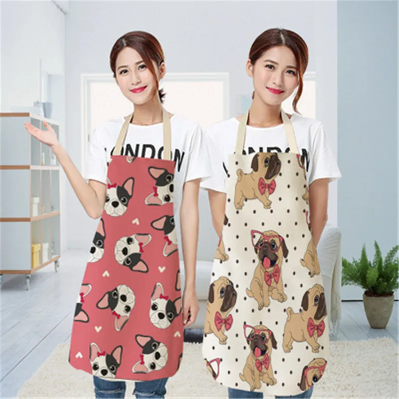 1Pc Cartoon Dog Kitchen Cooking Aprons For Women Chefs Baking Bibs Waterproof Cotton Linen Household Cleaning Apron Delantales