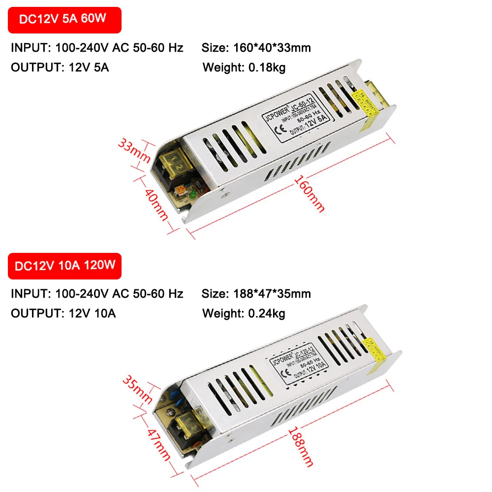 Ультра тонкий светодиодный источник питания DC12V 60 Вт 120 Вт 180 Вт 240 Вт Светодиодный драйвер AC180-240V Трансформаторы освещения для светодиодной ленты