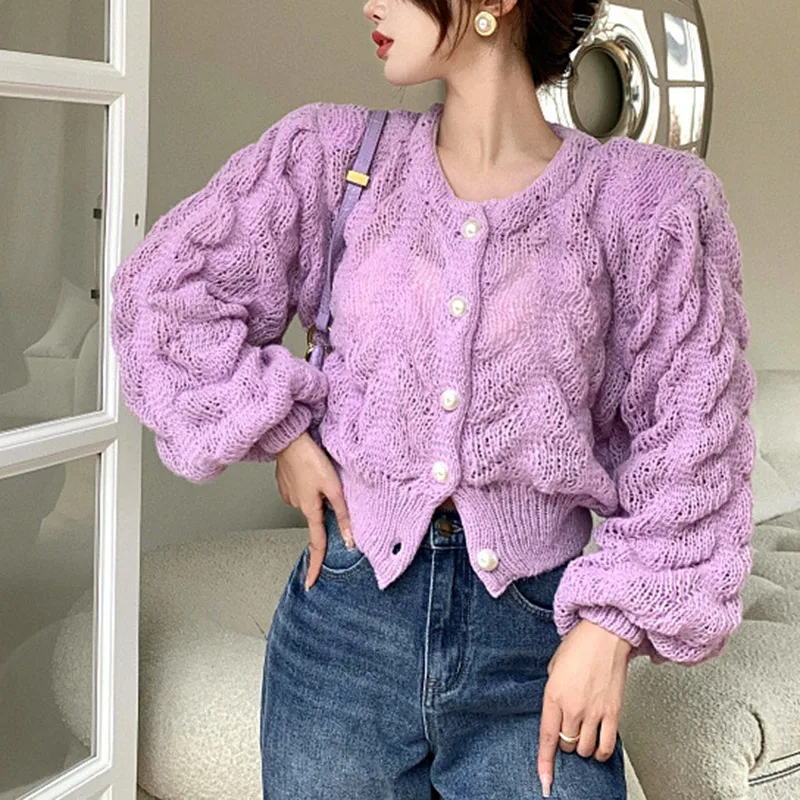 

Pluse Size Cardigan Crop Sweater Coat Women 2021 Autumn Round Neck Lantern Sleeve Coarse Knitted Hollow Out Cardigan Knitwear