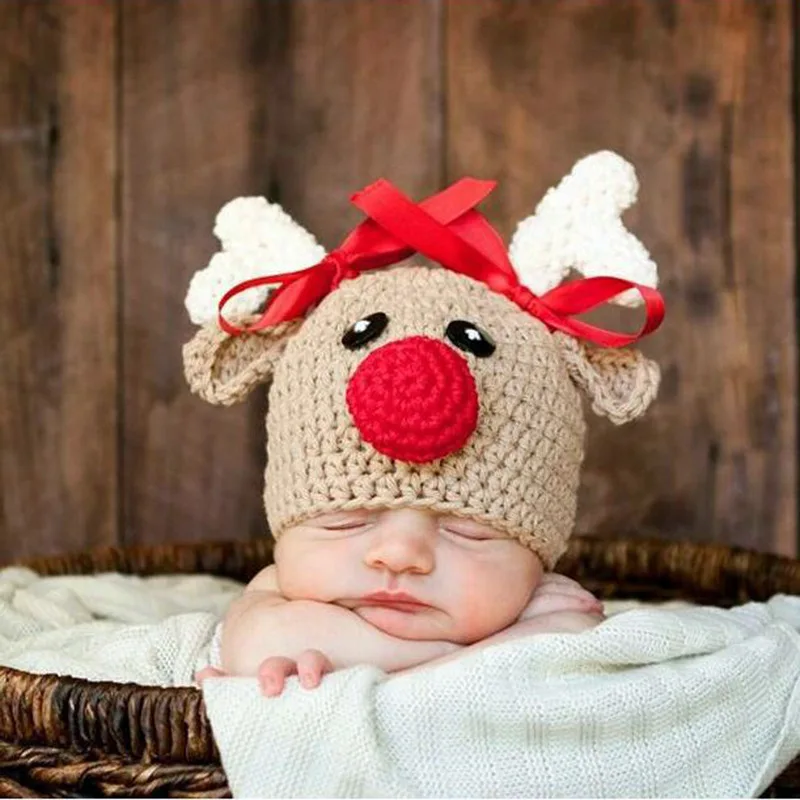

Christmas Baby Hats Knitted Woolen Deer Beanie Warm Caps Soft Hat For Newborn Girls Boys Photo Prop Beanies Autumn Winter