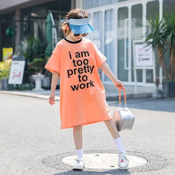 

Girls Mid-Length Dress 2020 Summer Korean Style Children Letters Print Short Sleeve T-shirt Dress Vestidos Streetwear Straight