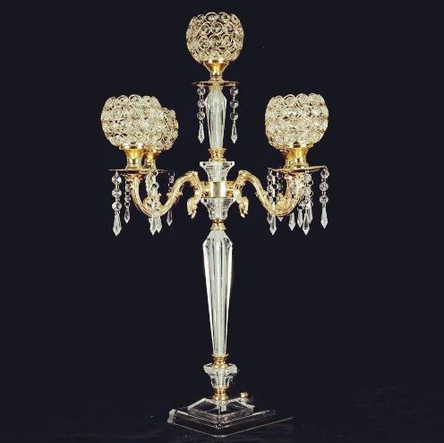 8pcs)75cm tall 0wedding tall table centerpieces gold metal crystal candelabra 5 arm wholesale TB00010