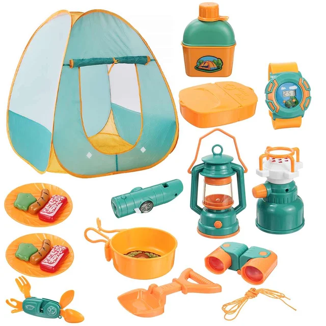 20pcs Kids Camping Tent Toys Set BBQ Camping Gear Tool Toddlers Kids Birthday Gift Outdoor Pretend Camp Set for Little Explorers 1