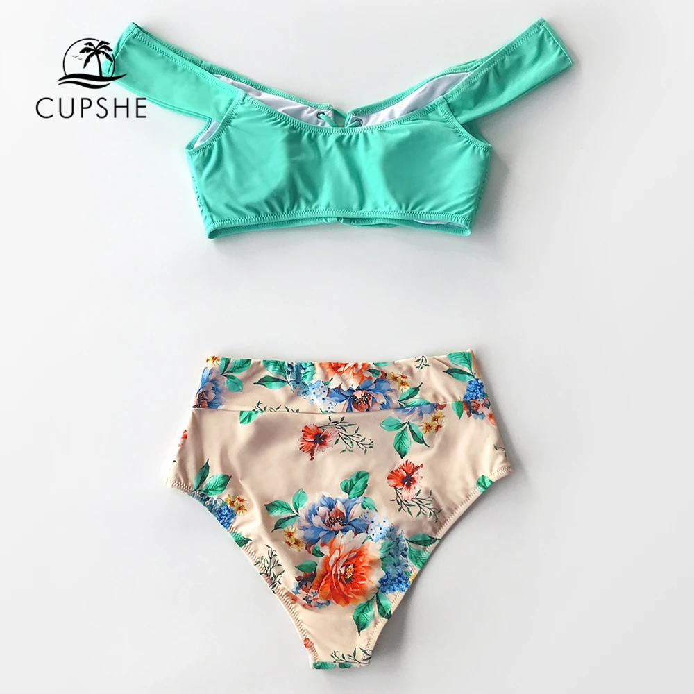 CUPSHE, зеленый, Цветочный, на шнуровке, с высокой талией, бикини, набор, сексуальный, с открытыми плечами, купальник из двух частей, купальник для женщин,, пляжный купальник