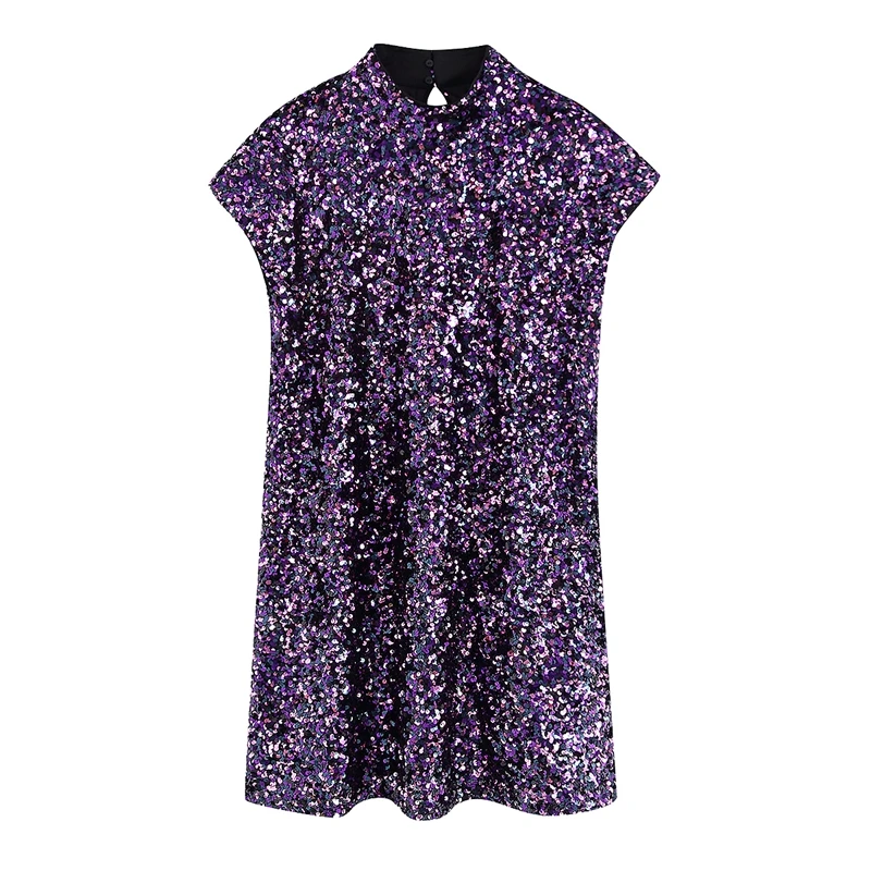 Tangada, женское Сексуальное Фиолетовое мини-платье с блестками, блестящее, короткий рукав, женское Новогоднее платье для вечеринки, vestidos BE101 - Цвет: Фиолетовый