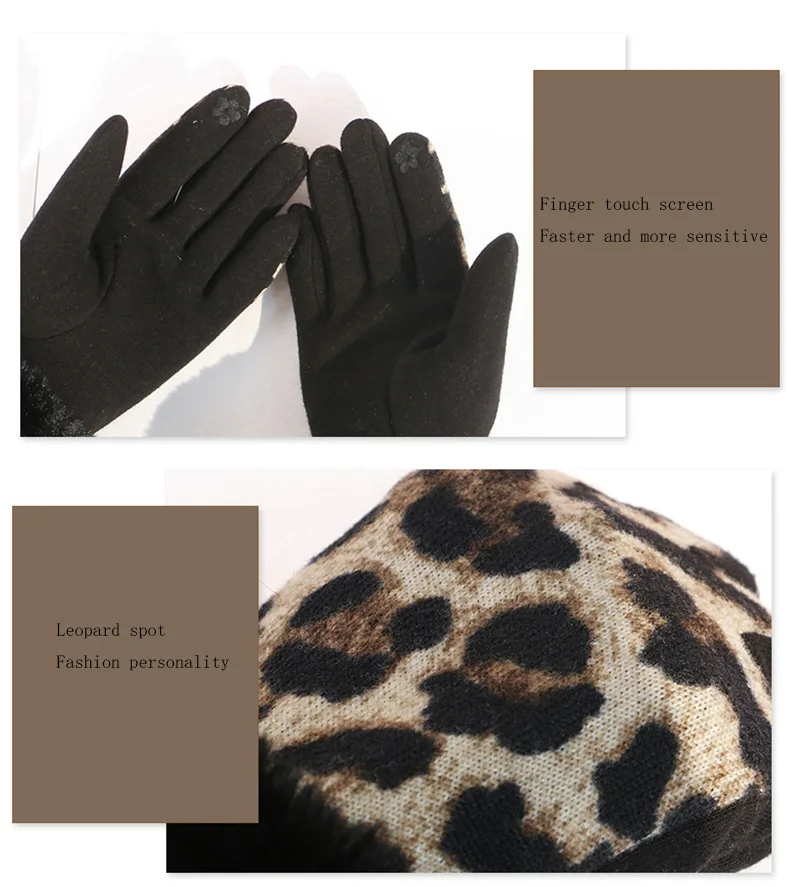 Женские лыжные перчатки с леопардовым принтом, с сенсорным экраном, зимние женские теплые кашемировые перчатки с имитацией кроличьего меха, с манжетами, D69