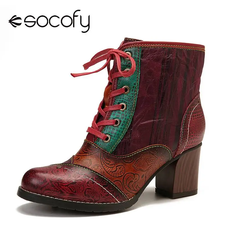 SOCOFY/полусапожки из натуральной кожи в стиле ретро на высоком каблуке со шнуровкой и молнией; элегантная обувь; женская обувь; botas Mujer