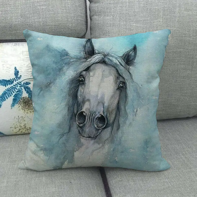 12 45cm*45cm watercolor horse head design linen/cotton throw pillow covers couch cushion cover home decor pillow - Цвет: 12