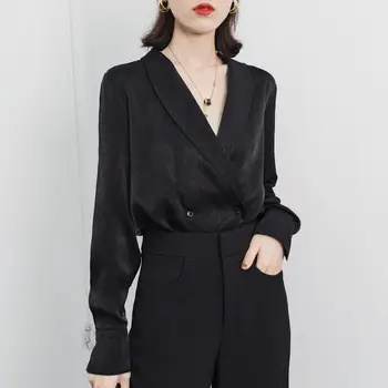 

Women Shirt 2020 New Solid Color Low V-neck Suit Shirt Fashion Sexy Blouse