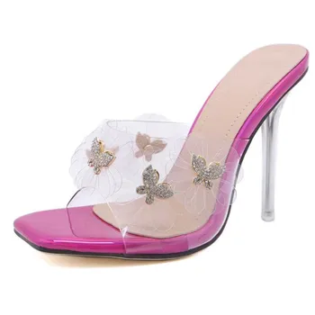 

New European and American popular butterfly rhinestone square head crystal stiletto sandals PVC slippers for women high heels