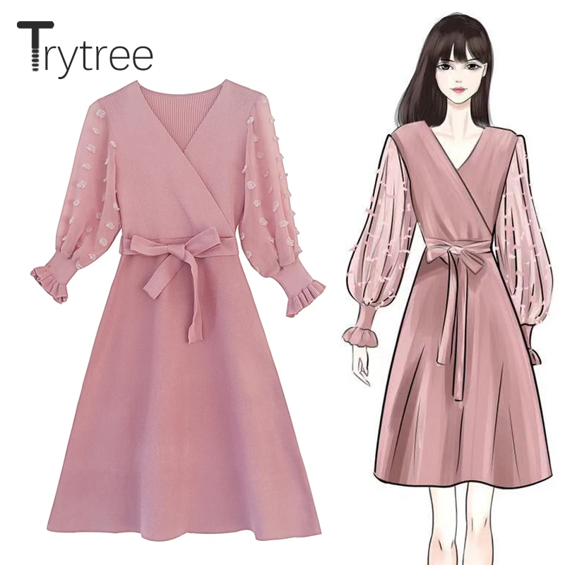 Trytree/осеннее женское платье Повседневное трикотажное с v образным вырезом и