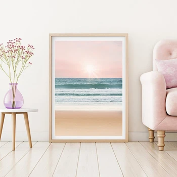 

Pink Beach Landscape Poster Sunrise Sunset Canvas Painting Modern Scandinavian Picture For Living Room Wall Art Decor