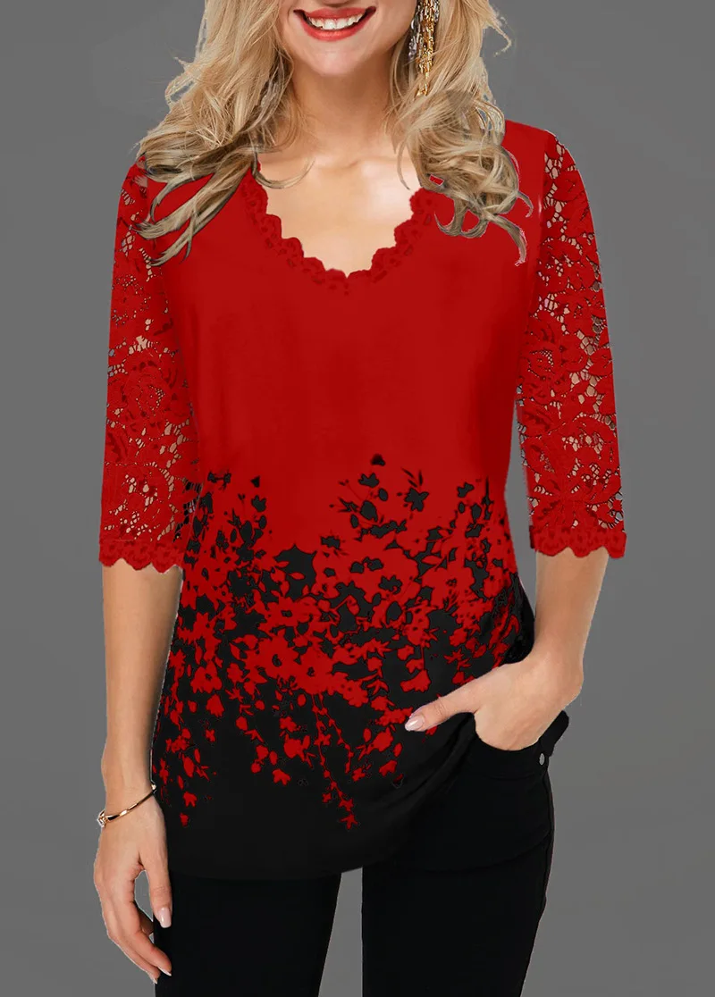 Women V Neck Blouse Shirt Half Sleeve Print Floral Spring Pullover Plus Size 5XL Hollow Out Lace Female Casual Shirt Women V Neck Blouse Shirt Half Sleeve Print Floral Spring Pullover Plus Size 5XL Hollow Out Lace Female Casual Shirt