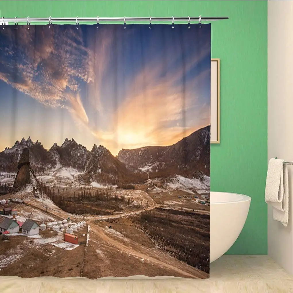 

Bathroom Shower Curtain Mongolian Landscape Full of Livestock Surrounded by Mountain Hills 72x78 inches Waterproof Bath Curtain