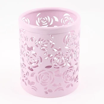 

Light Pink Hollow Rose Flower Pattern Metal Pen Pencil Pot Holder Organizer