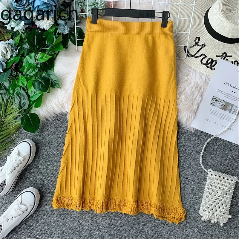 

Gagarich Women Skirts Retro Solid Fashion High Waist Slim A-line Tassel Mermaid Knitted Skirt 2019 Autumn New Femme
