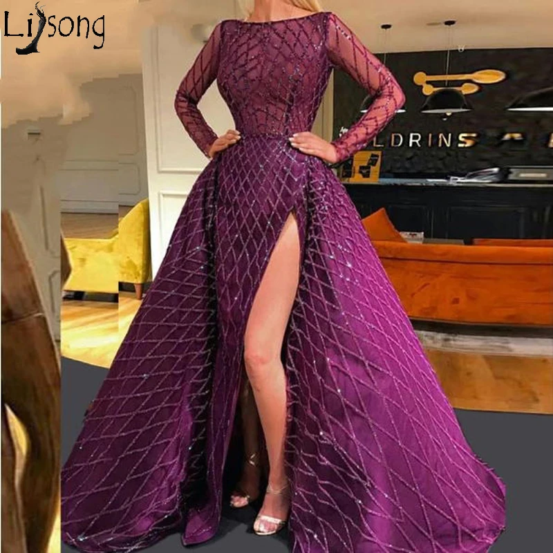 Arabisch Paars Lange Mouwen Avondjurk met Afneembare Rok Sexy Hoge Split Chic Prom Dresses 2020 Formele Gown robe de soiree Arabisch Paars Lange Mouwen Avondjurk met Afneembare Rok Sexy Hoge Split Chic Prom Dresses 2020 Formele Gown robe de soiree