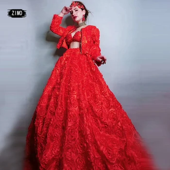 

fashion Costumes Red Rose Fluffy Dress Birthday Celebrate Women Prom Evening Stage Singer Dancer Long Train Dress concert outfit