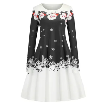 

2019 Casual Christmas Dress Snowflake Print Long Sleeve Autumn Winter Party Dress Vintage Women Knee-Length Dress Vestidos Robe