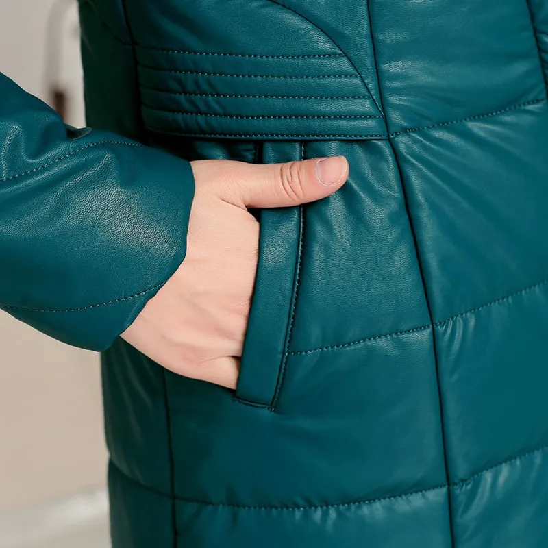 Женские зимние куртки из мягкой кожи, парки из искусственной кожи, новинка, женские длинные пальто с меховым воротником и хлопковой подкладкой, женская верхняя одежда, большой размер 7XL