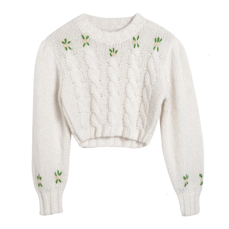 Embroidery Knitting Women's Sweaters O Neck Lantern Sleeve Tunic Short Female Sweater Autumn Fashion New L727