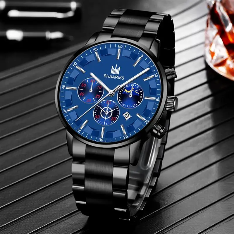 

SHAARMS Men Luxury Watch Stainless Steel Band Quartz Wristwatch Fashion Business Watches Erkek Kol Saati Male Date Clock
